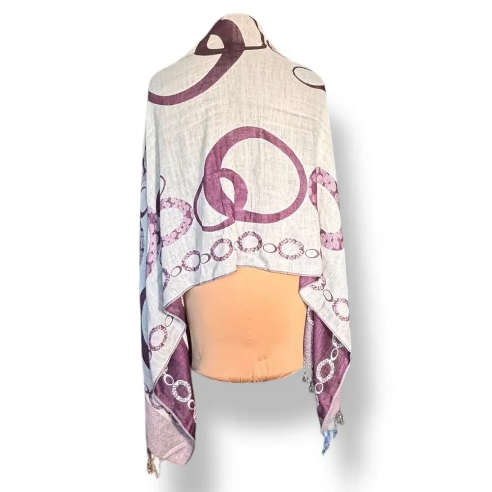 Purple‎ Reversible Geometric Circle Print Fringe Shawl Scarf Wrap Versatile